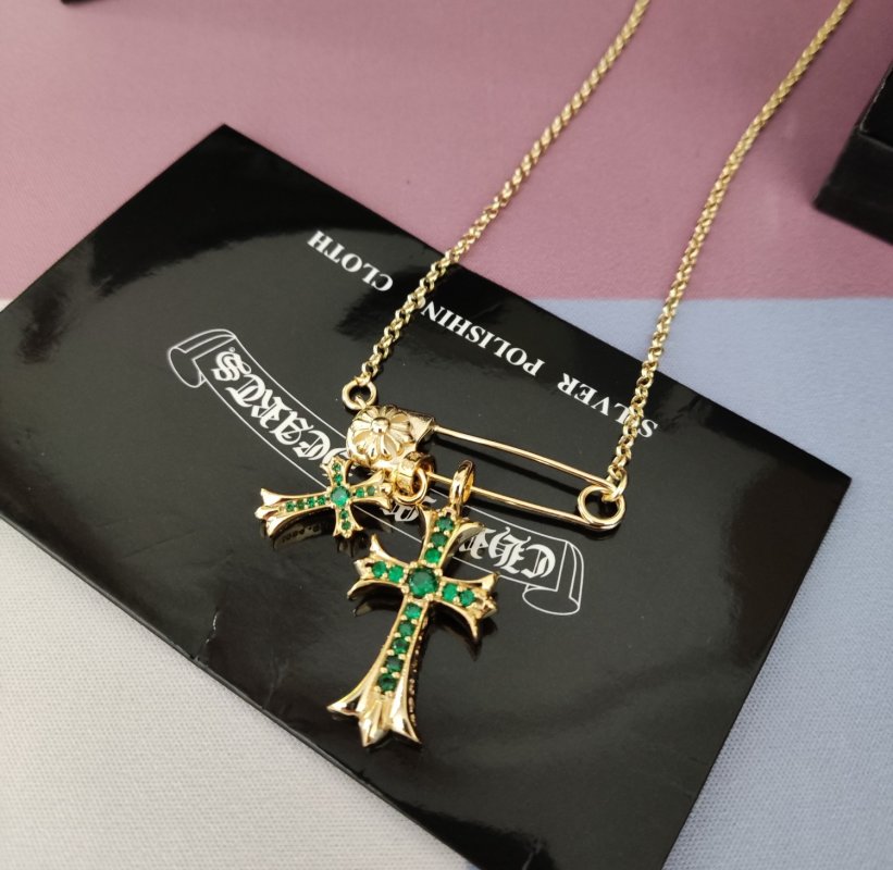 Chrome Hearts Gold Cross Pendant Necklace with Green Stones view