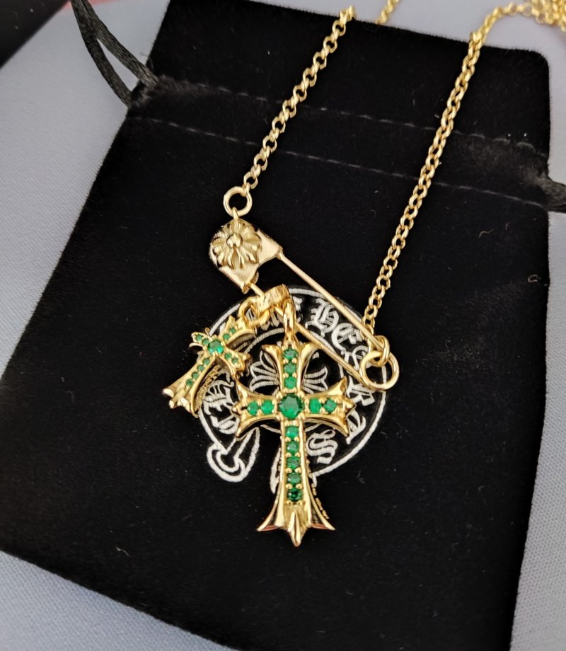 Chrome Hearts Gold Cross Pendant Necklace with Green Stones view