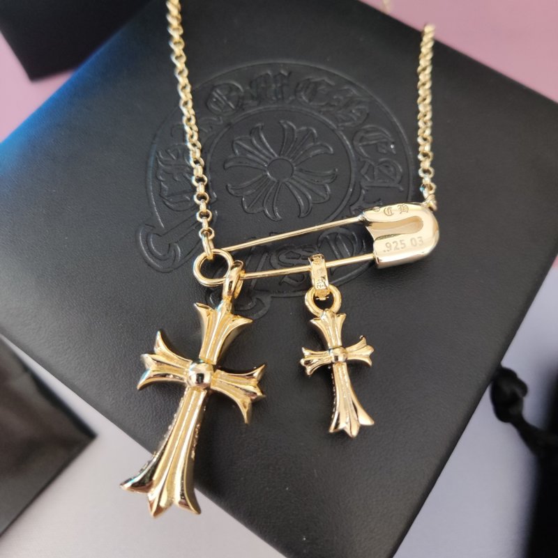 Chrome Hearts Gold Cross Pendant Necklace with Green Stones view