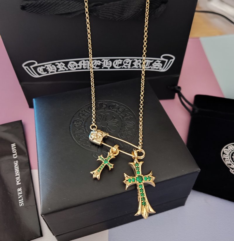 Chrome Hearts Gold Cross Pendant Necklace with Green Stones view