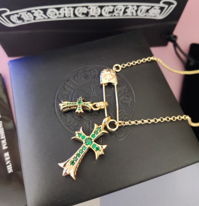 Chrome Hearts Gold Cross Pendant Necklace with Green Stones view