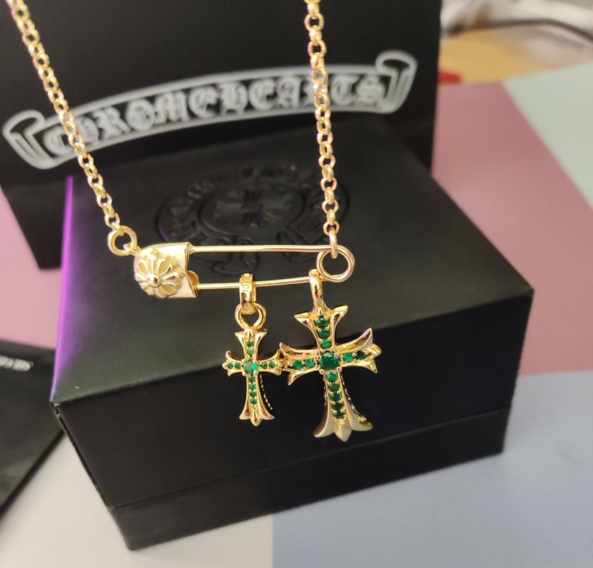 Chrome Hearts Gold Cross Pendant Necklace with Green Stones view