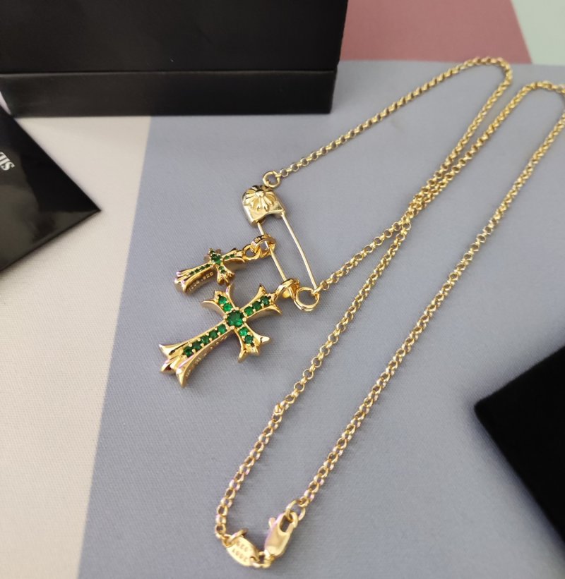 Chrome Hearts Gold Cross Pendant Necklace with Green Stones view