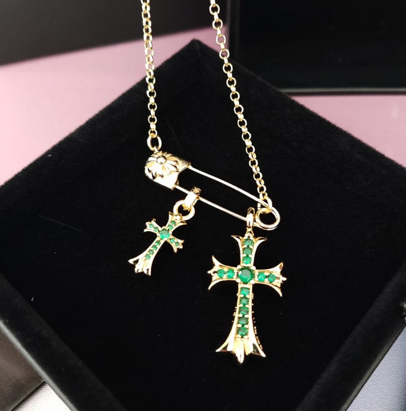 Chrome Hearts Gold Cross Pendant Necklace with Green Stones view