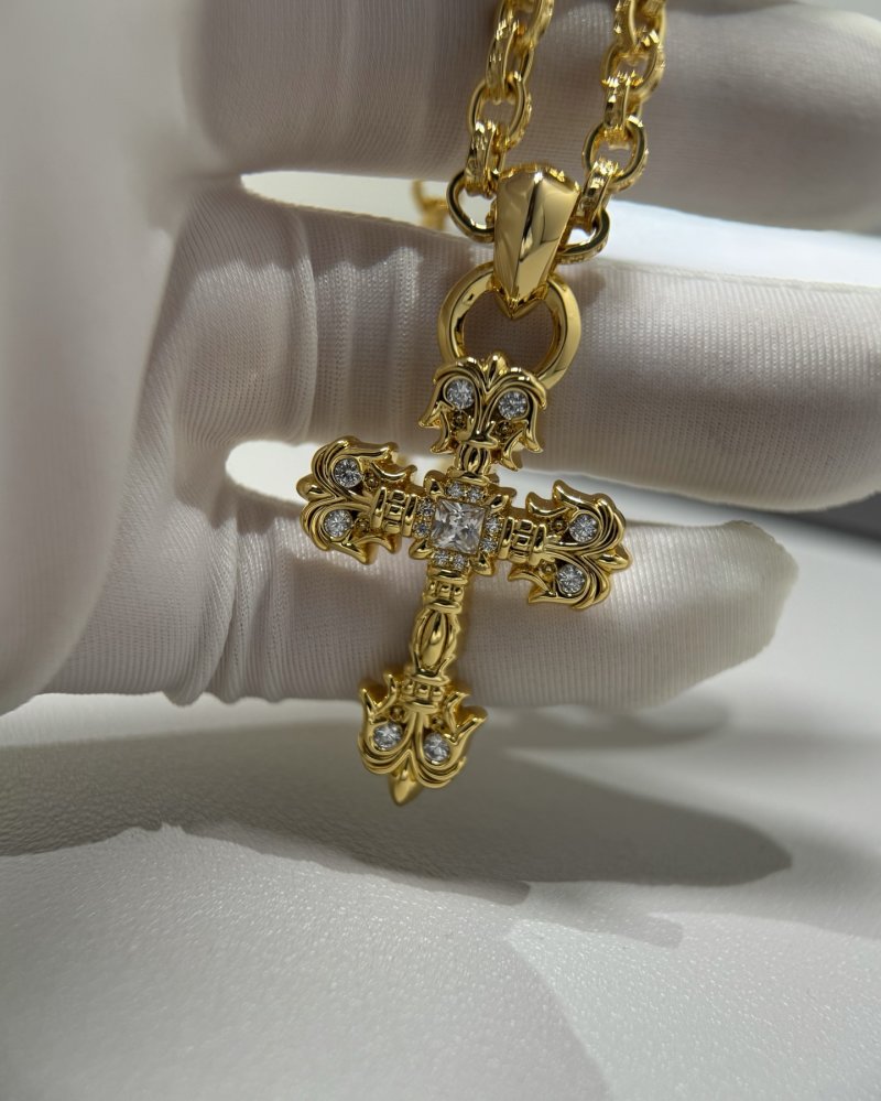Chrome Hearts 22K Gold Flame Cross Pendant Necklace view