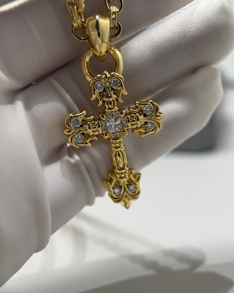 Chrome Hearts 22K Gold Flame Cross Pendant Necklace view