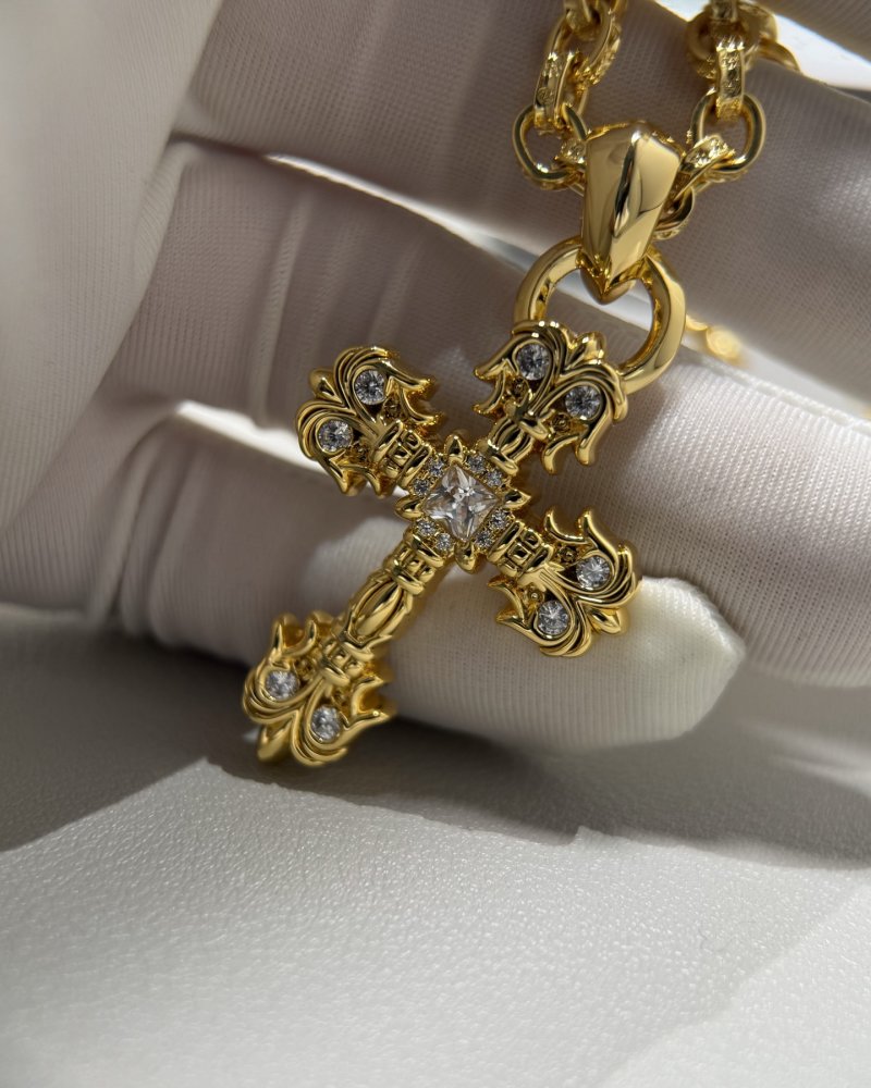 Chrome Hearts 22K Gold Flame Cross Pendant Necklace view