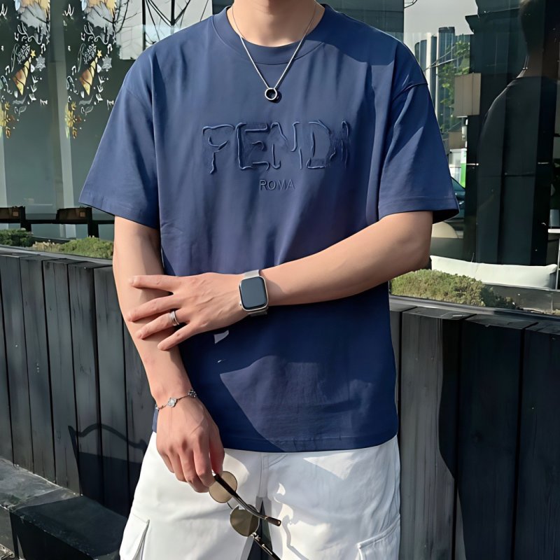Fendi Roma Navy Blue Embossed Logo T-Shirt