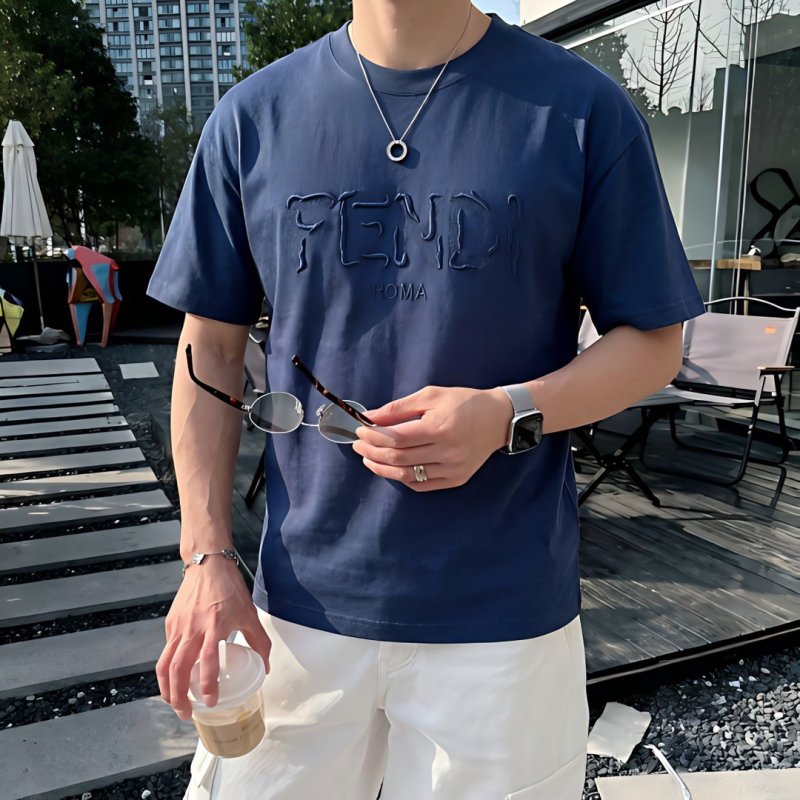 Fendi Roma Navy Blue Embossed Logo T-Shirt view