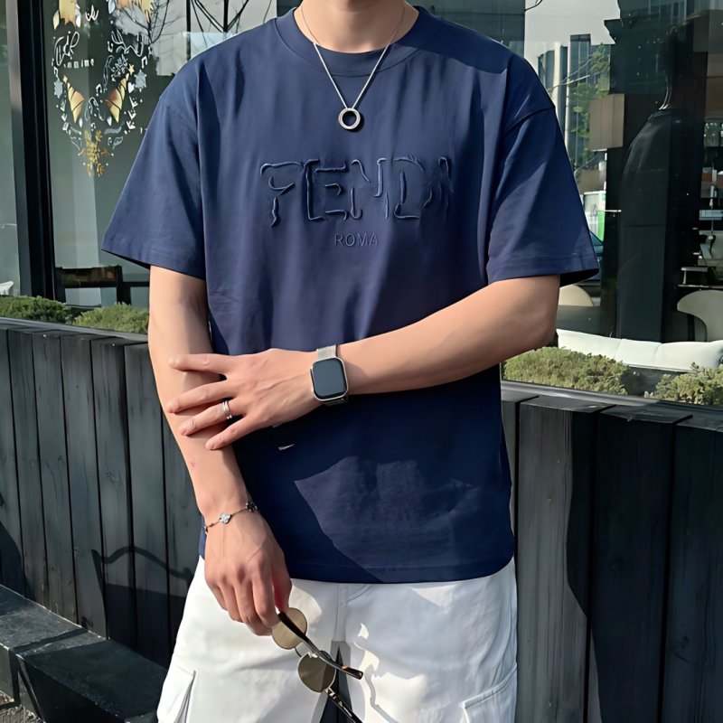 Fendi Roma Navy Blue Embossed Logo T-Shirt view