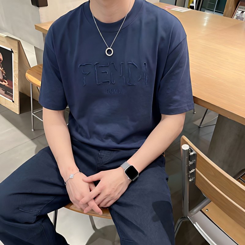 Fendi Roma Navy Blue Embossed Logo T-Shirt view