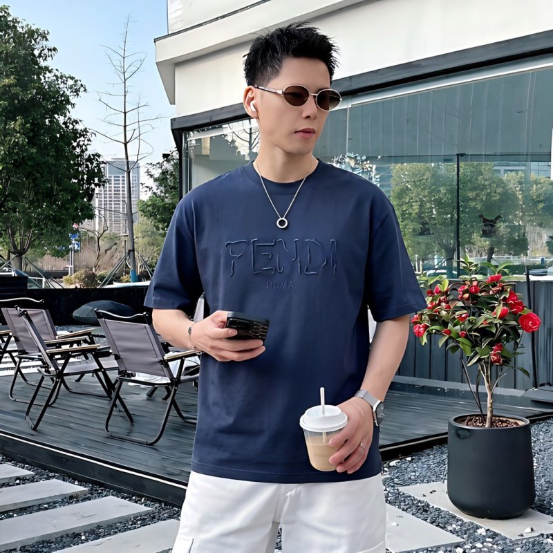 Fendi Roma Navy Blue Embossed Logo T-Shirt view