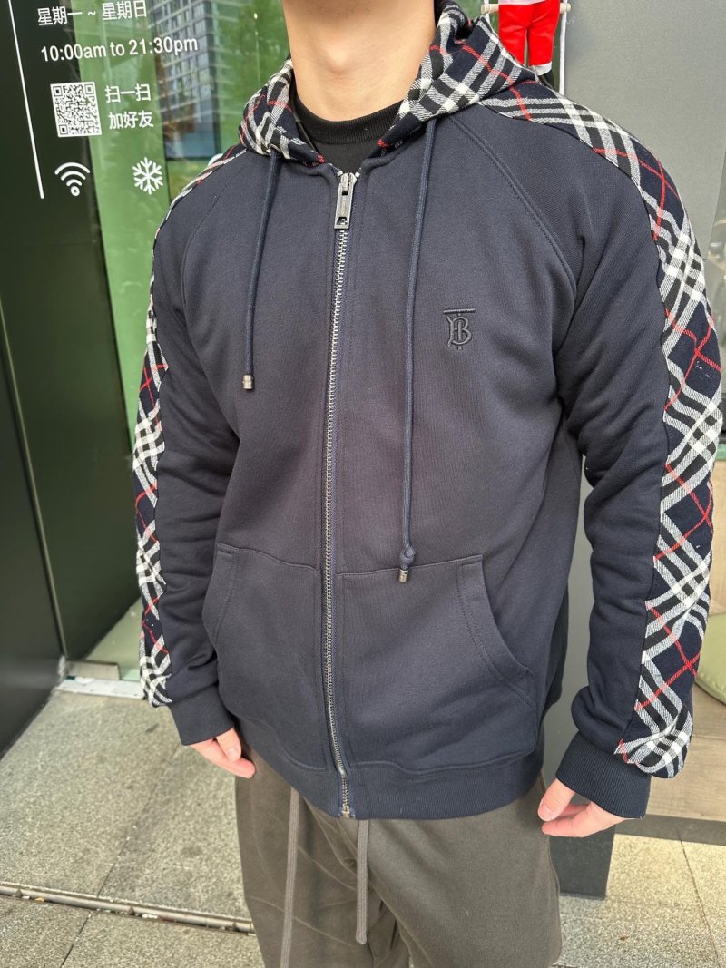 Burberry Black Zip Jacket with Check Sleeves view