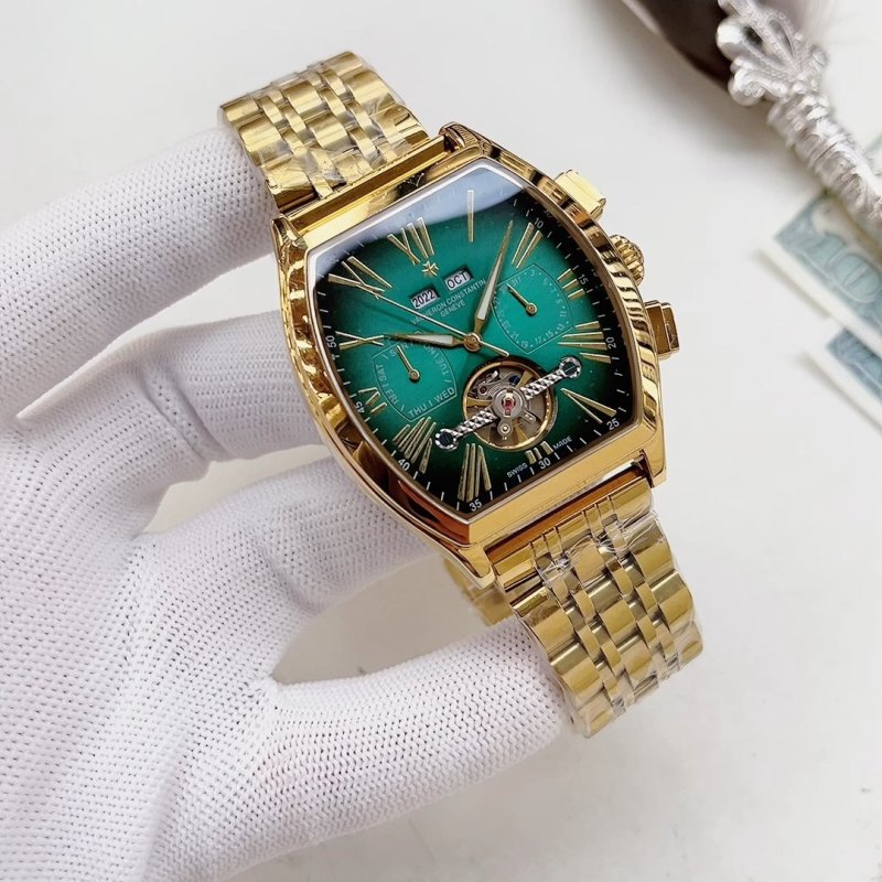 Gold Tonneau Chronograph Watch with Teal Green Dial