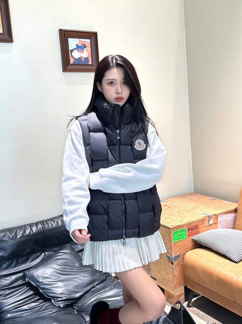 Moncler Black Quilted Down Vest with White Sleeves