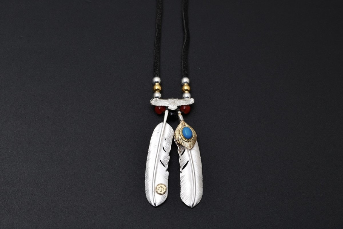 Goros Silver Feather & Blue Stone Pendant Necklace