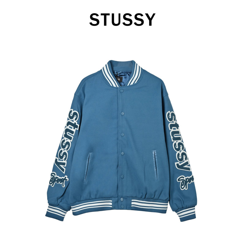 Blue Varsity Bomber Jacket with Embroidered Sleeves view