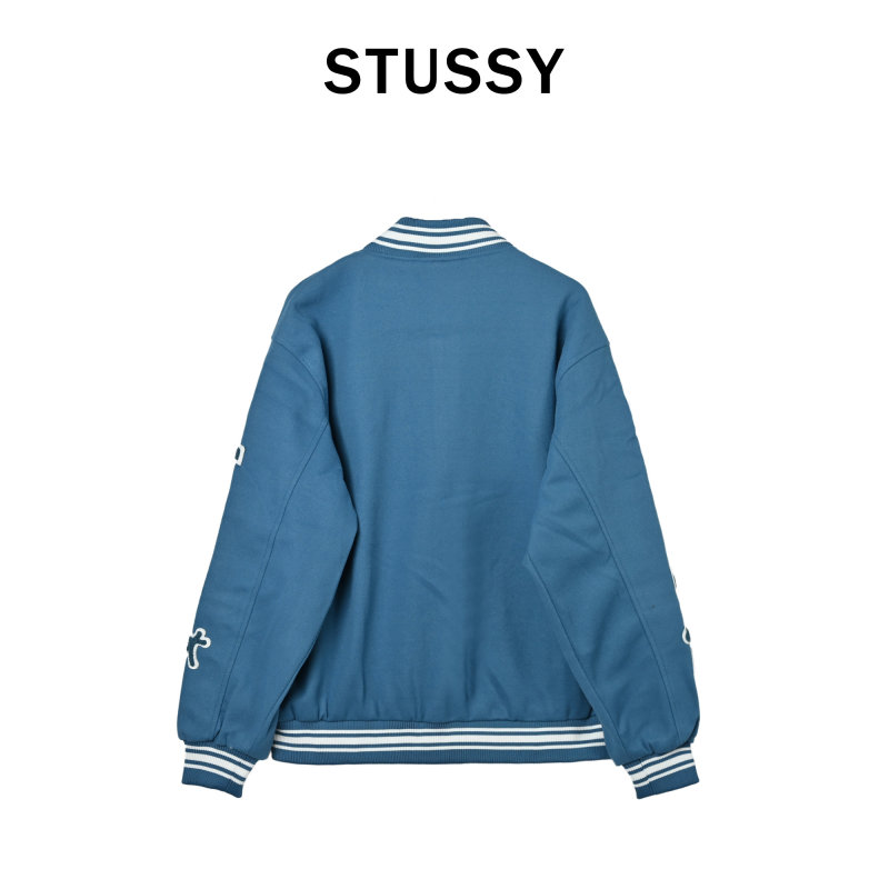 Blue Varsity Bomber Jacket with Embroidered Sleeves view