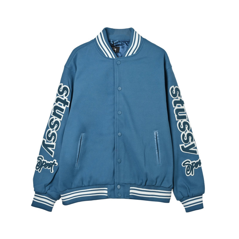 Blue Varsity Bomber Jacket with Embroidered Sleeves view