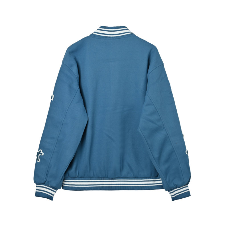 Blue Varsity Bomber Jacket with Embroidered Sleeves view