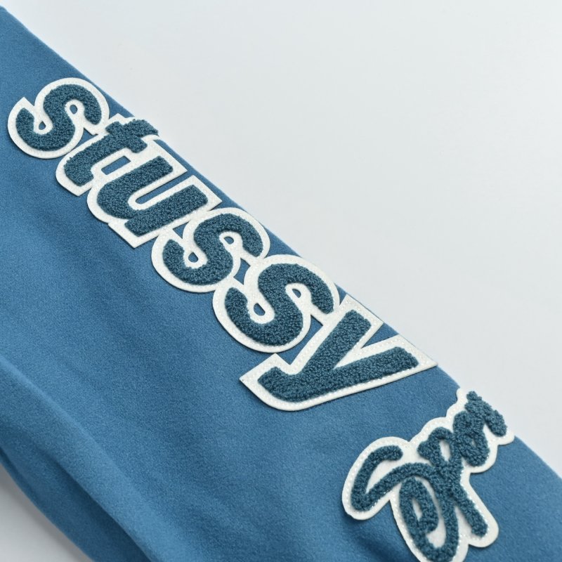 Blue Varsity Bomber Jacket with Embroidered Sleeves view