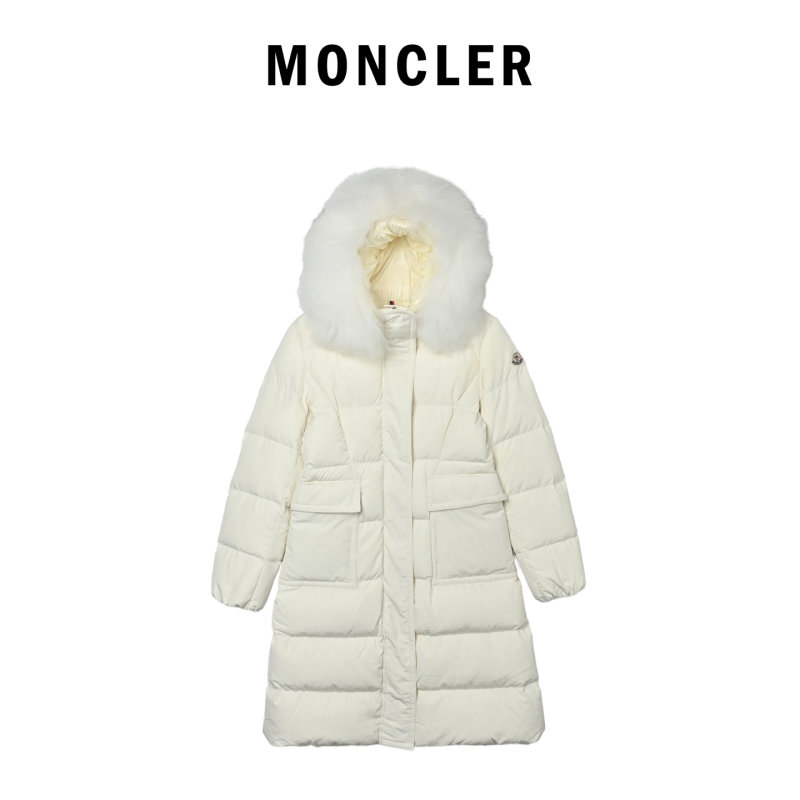 Moncler Cream Puffer Down Jacket with Fur Hood view