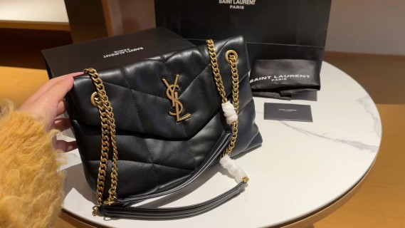 Saint Laurent Puffer Black Leather Shoulder Bag Gold Chain