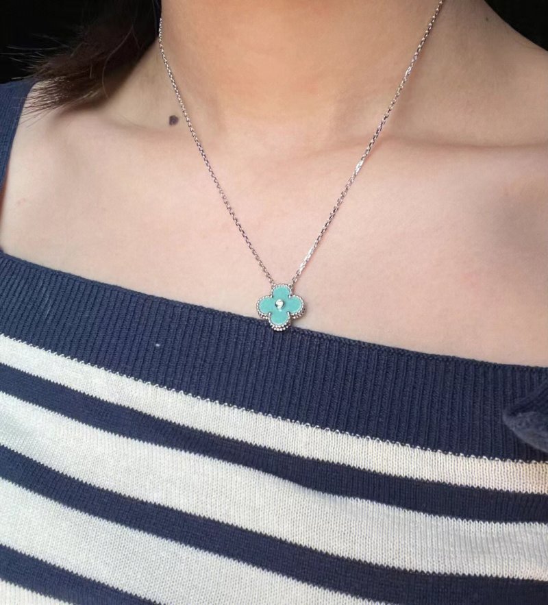 Turquoise Clover Pendant Silver Chain Necklace view