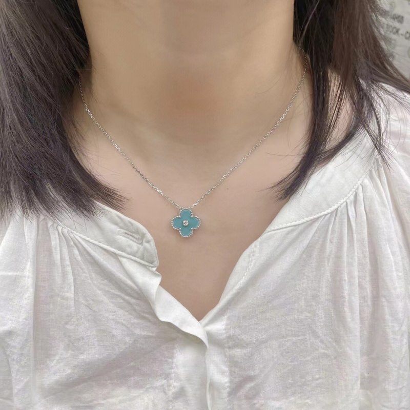 Turquoise Clover Pendant Silver Chain Necklace view