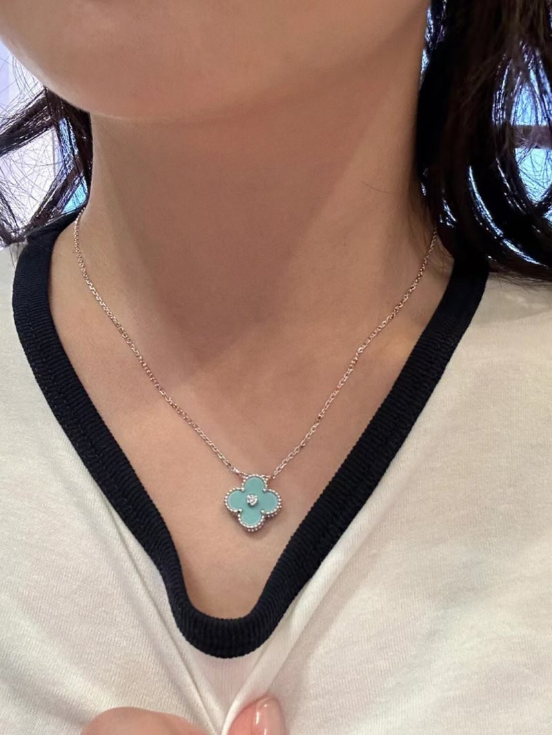 Turquoise Clover Pendant Silver Chain Necklace view