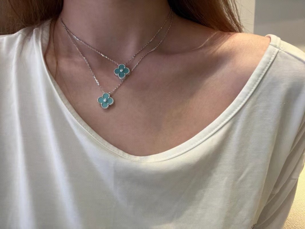 Turquoise Clover Pendant Silver Chain Necklace view