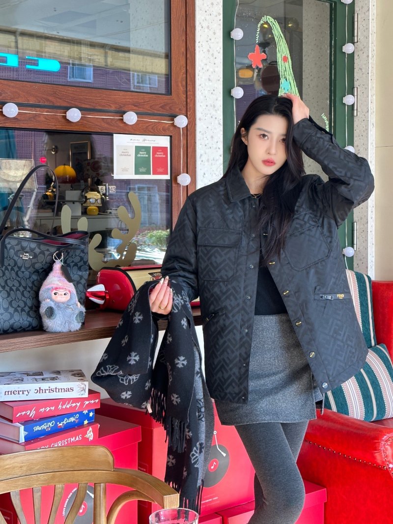 Black Quilted Down Jacket with Monogram Pattern view