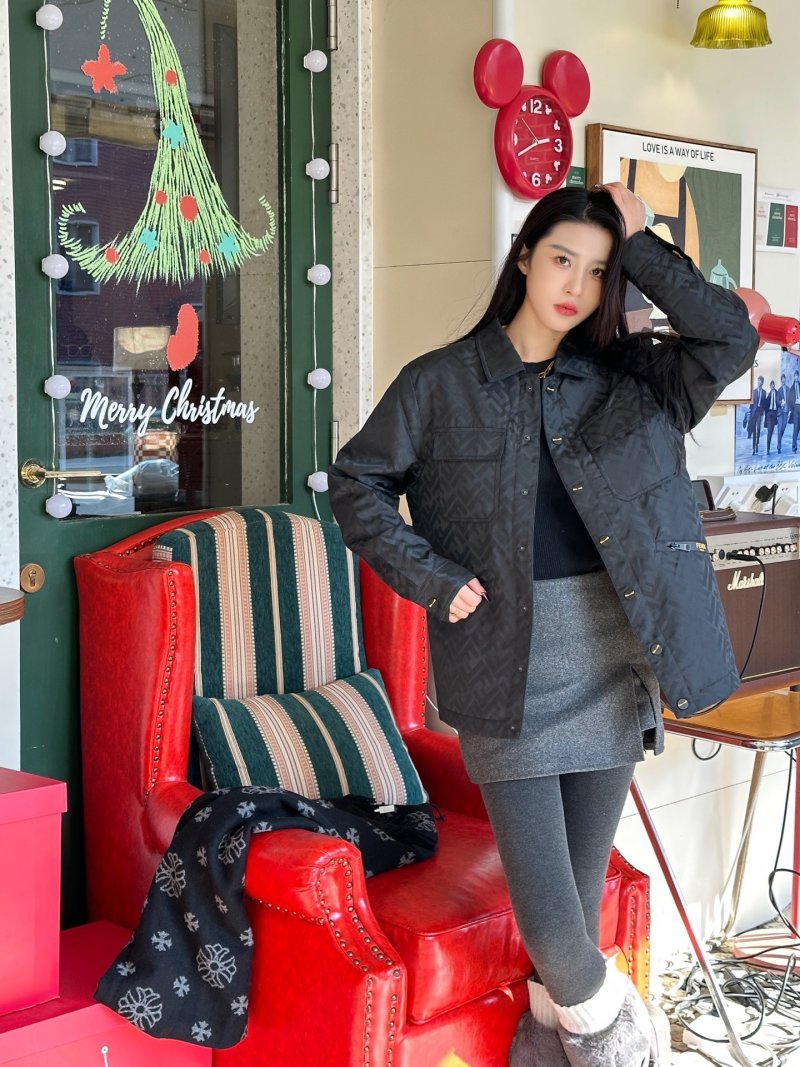 Black Quilted Down Jacket with Monogram Pattern view