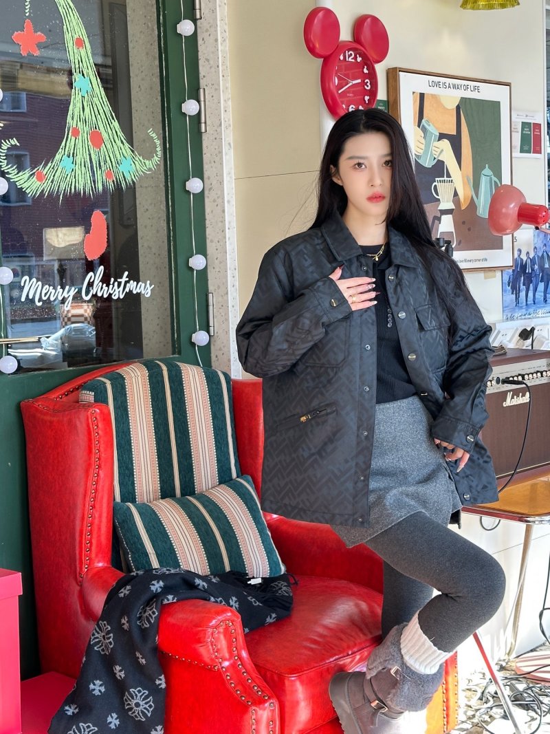 Black Quilted Down Jacket with Monogram Pattern view