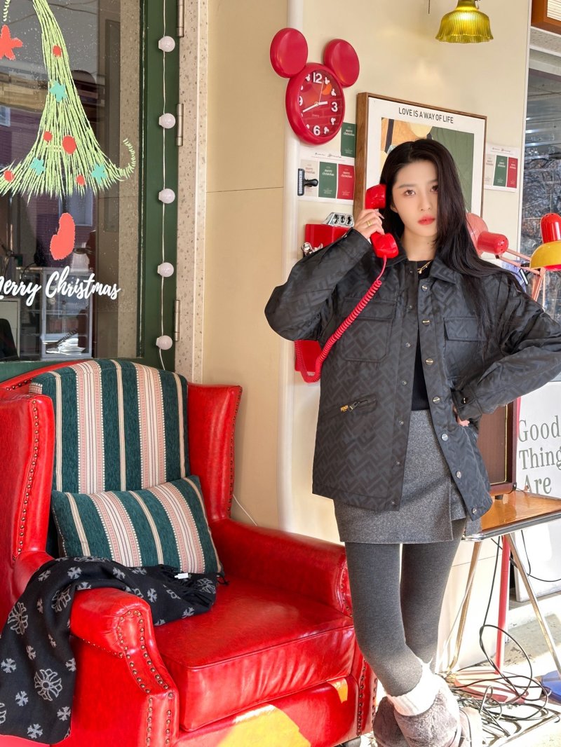 Black Quilted Down Jacket with Monogram Pattern view