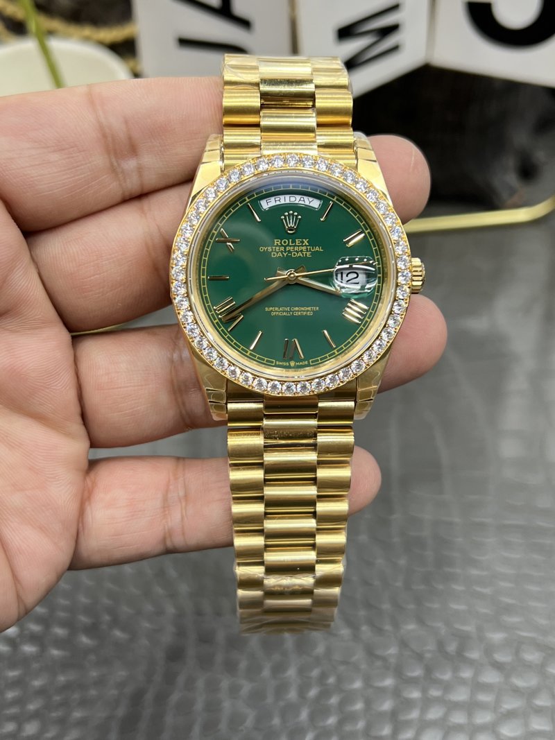Rolex Day-Date 40mm Green Dial Gold Diamond Bezel Watch