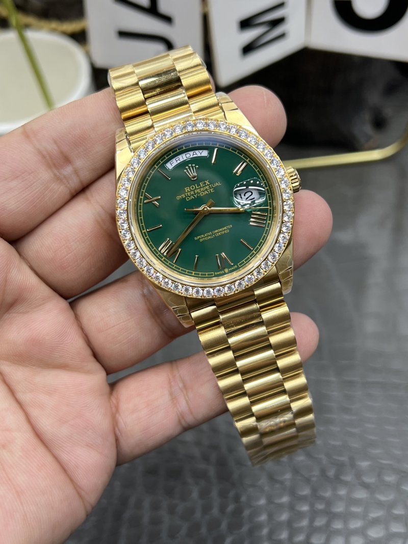 Rolex Day-Date 40mm Green Dial Gold Diamond Bezel Watch view