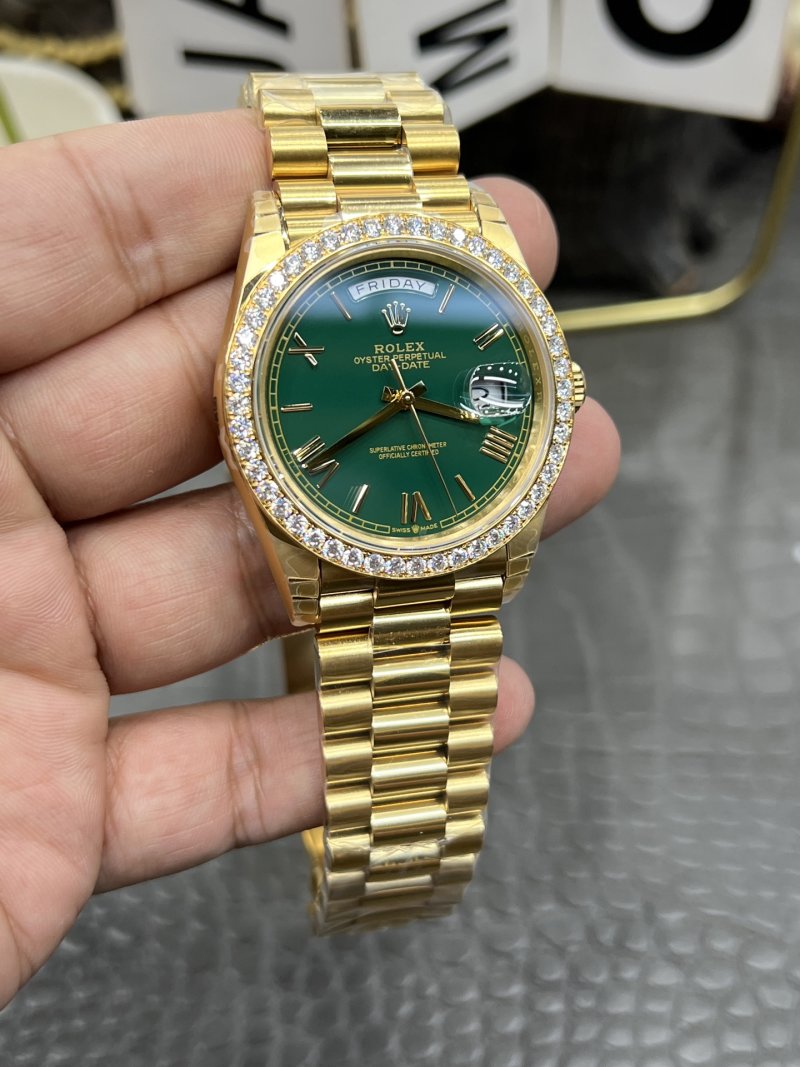 Rolex Day-Date 40mm Green Dial Gold Diamond Bezel Watch view