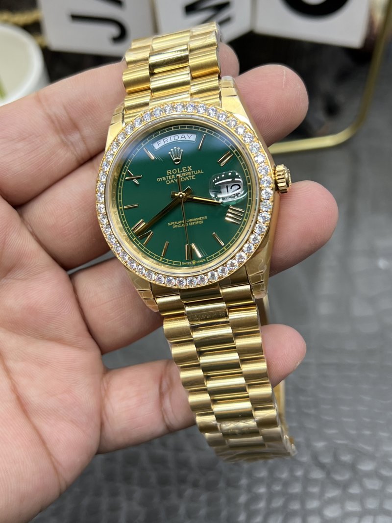 Rolex Day-Date 40mm Green Dial Gold Diamond Bezel Watch view