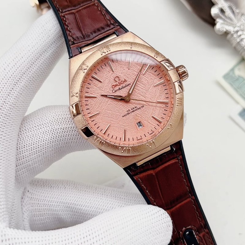 Omega Constellation Rose Gold Pink Dial Leather Watch
