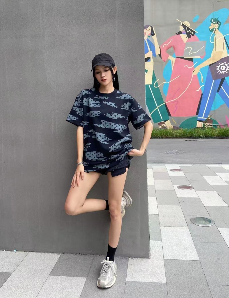 Navy Blue Geometric Print Oversized Short Sleeve T-Shirt