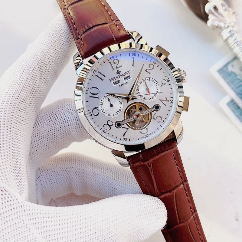 Patek Philippe Chronograph Silver Dial Burgundy Leather Watch