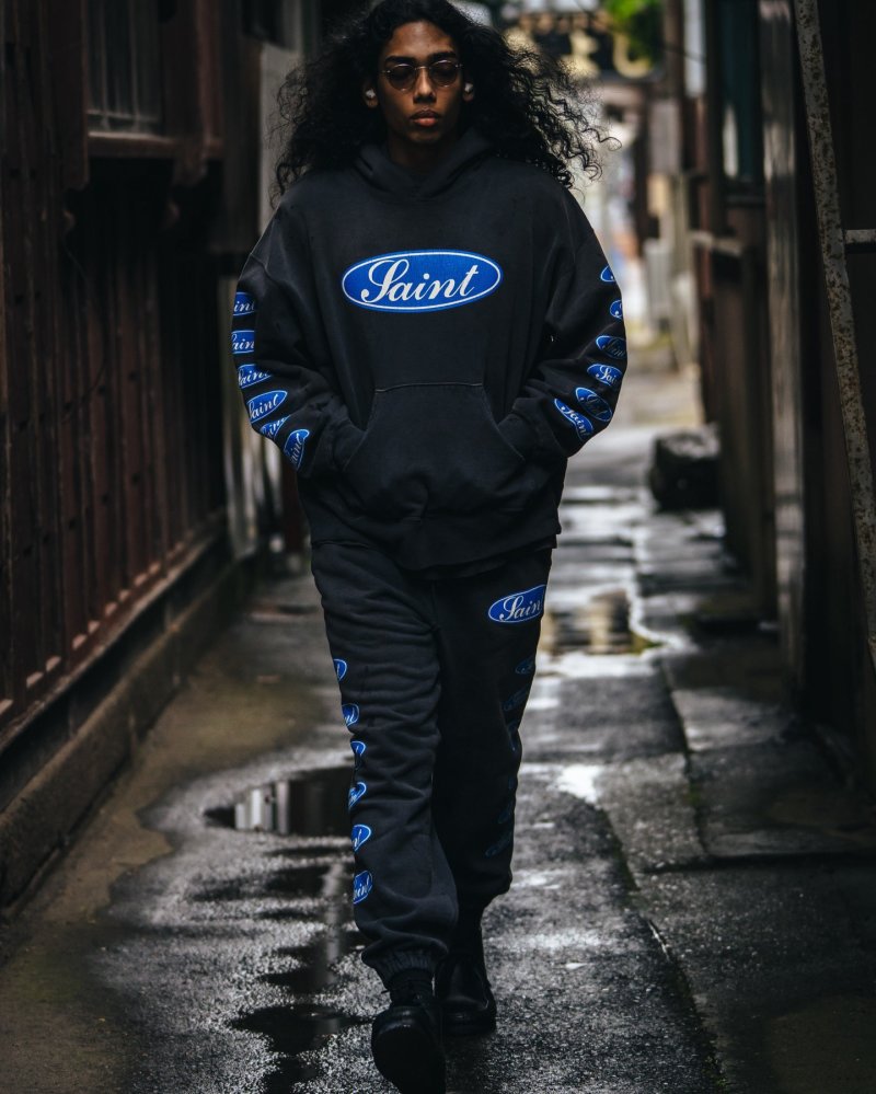 Saint Blue Logo Black Hoodie Tracksuit Set