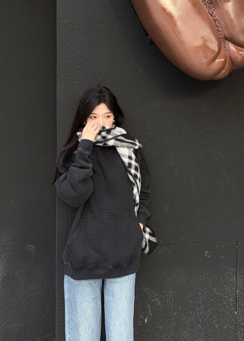Black Essential Hoodie with Argyle Scarf Detail