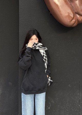Black Essential Hoodie with Argyle Scarf Detail
