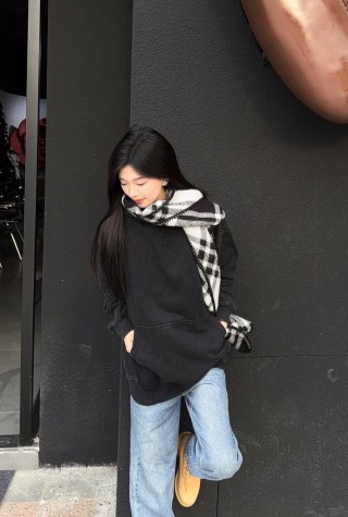Black Essential Hoodie with Argyle Scarf Detail view 6