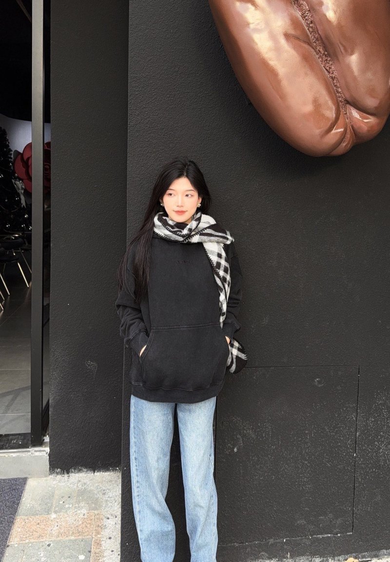 Black Essential Hoodie with Argyle Scarf Detail view