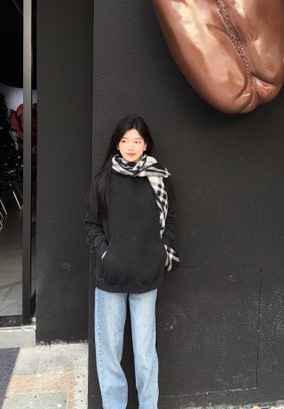 Black Essential Hoodie with Argyle Scarf Detail view 7