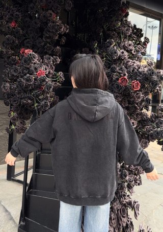 Black Essential Hoodie with Argyle Scarf Detail view 9