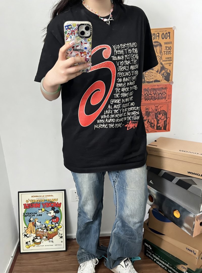 Black Graphic Print Short Sleeve T-Shirt with Red Wave Logo view